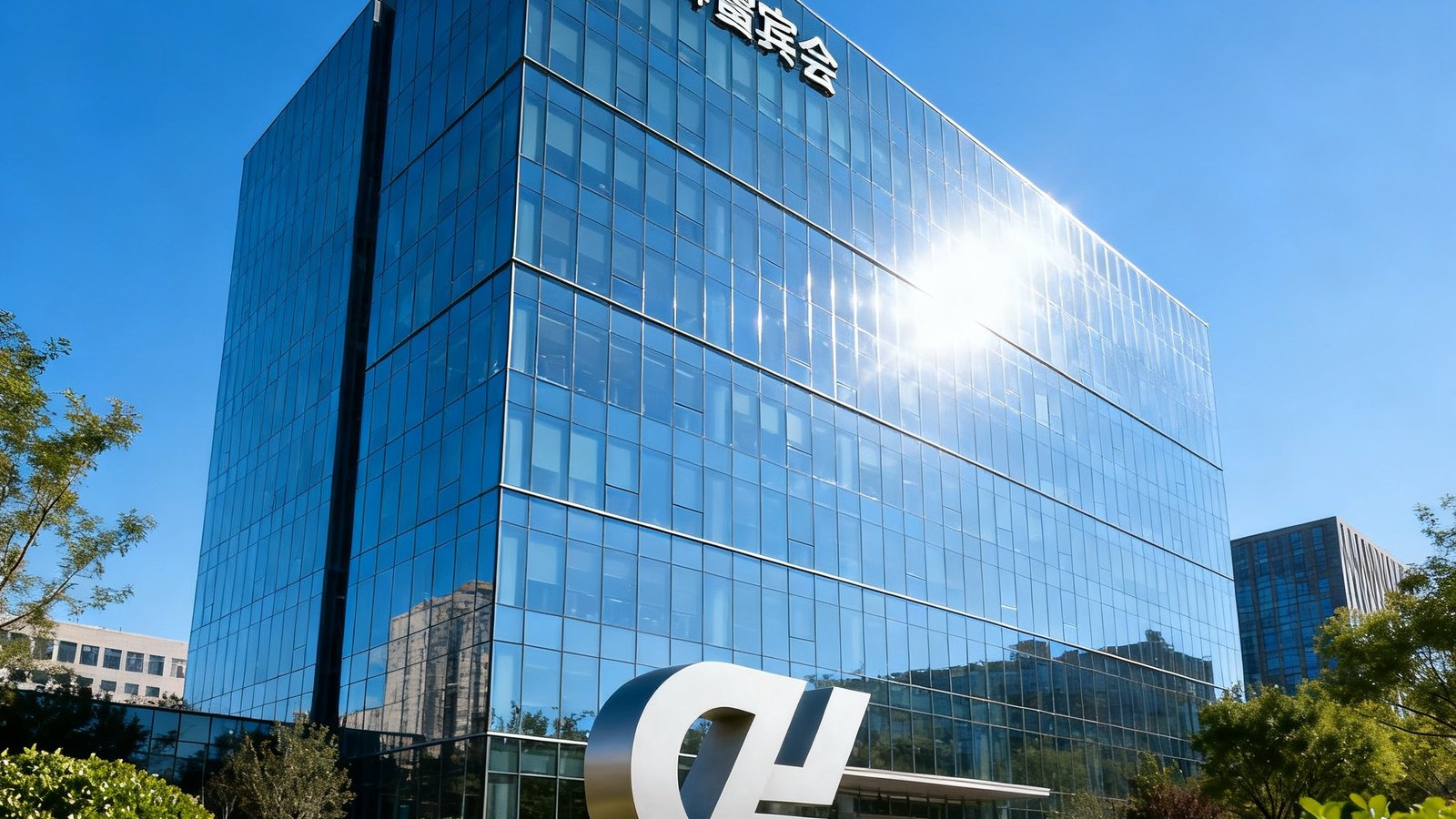 美狮贵宾会北京总部大厦外观，采用现代玻璃幕墙设计，楼前矗立着简洁的品牌标识雕塑，周围绿植环绕，天空湛蓝