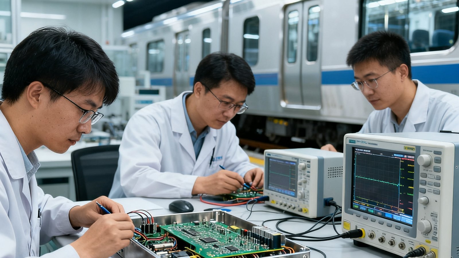 三名技术工程师在实验室工作台前调试列车车载通信模块，桌上摆放着示波器和测试设备，环境整洁明亮
